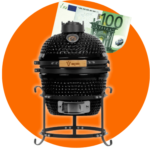 Ein schwarzer Kamado-Grill auf einem Ständer mit einem 100-Euro-Schein im Hintergrund.