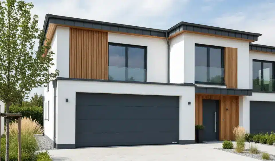 Modernes zweistöckiges Haus mit großen Fenstern, Holzakzenten und einer Doppelgarage, umgeben von viel Grün.