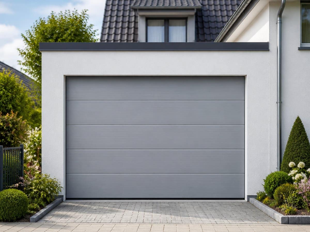 Was kostet ein Garagentor mit Einbau: Sektionaltor in Graualuminium an einem deutschen Haus