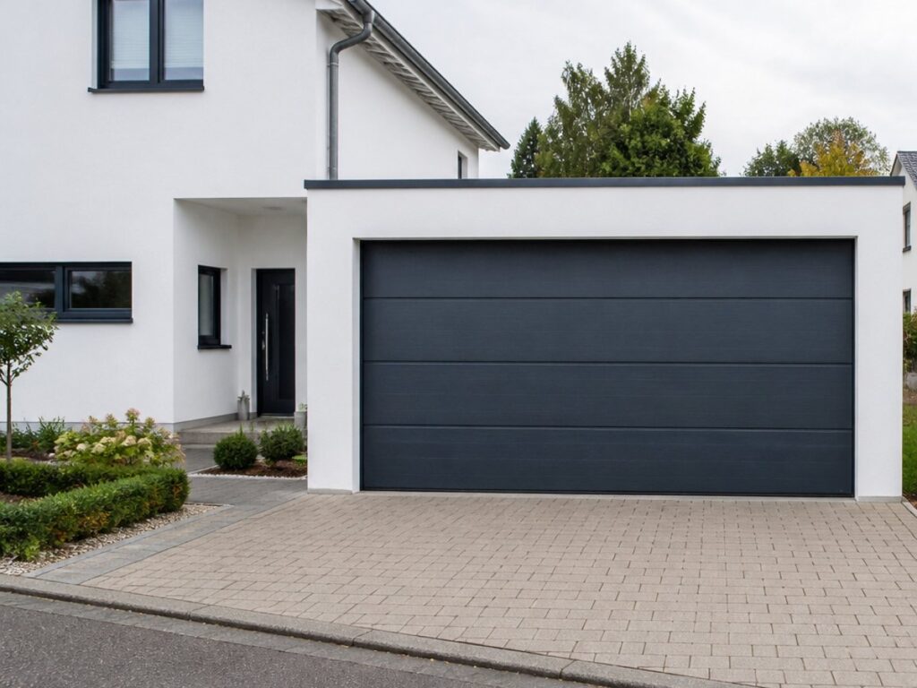 Anthrazitfarbenes Hoermann Sektionaltor mit elektrischem Garagentorantrieb an einem modernen Einfamilienhaus